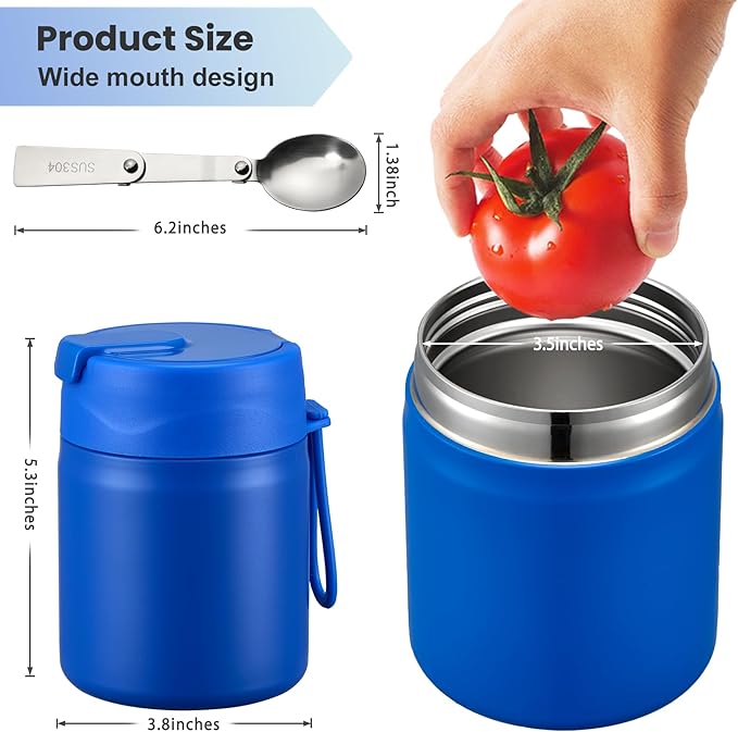 17oz Soup Thermo for Hot Food Kids,Insulated Food Jar with Spoon,Thermo Hot Food Lunch Container,Wide Mouth Leakproof Stainless Steel Lunch Box for School(Blue)-BubblyBeeBaby