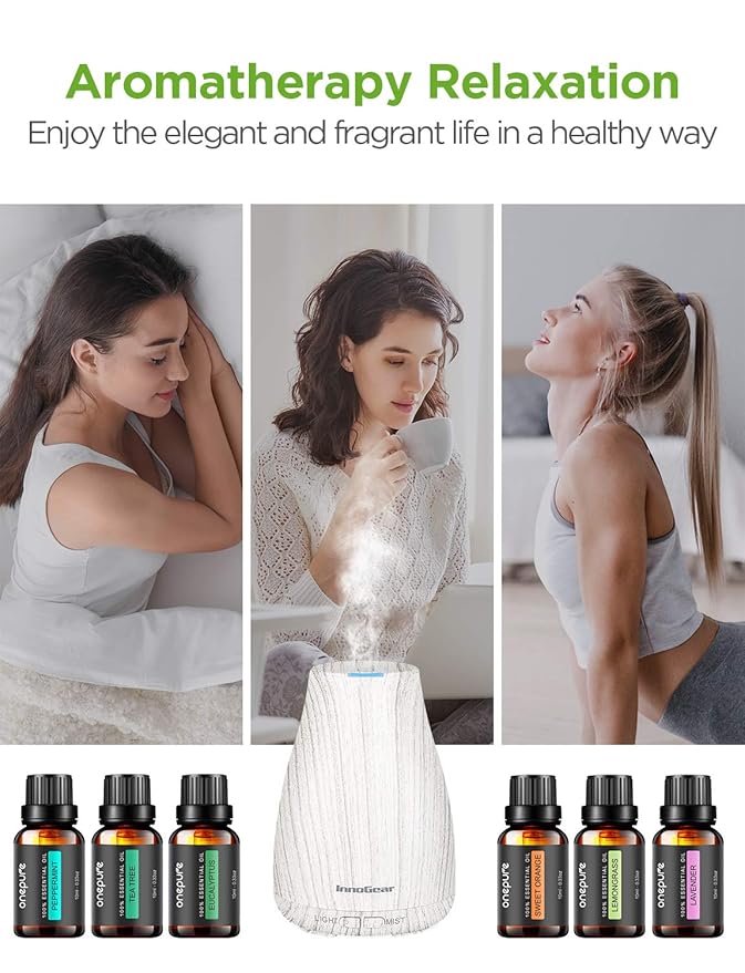 InnoGear Essential Oil Diffuser with Oils, 100ml Aromatherapy Diffuser with 6 Essential Oils Set, Aroma Cool Mist Humidifier Gift Set, Grey Wood Grain-BubblyBeeBaby