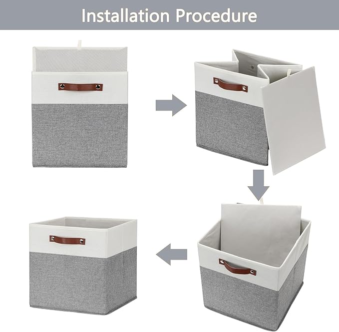 HNZIGE Fabric Storage Cubes 12x12 Cube Storage Bins, Set of 4, Decorative Cube Organizers Bins for Shelves with Handles,Foldable Bins for Cube Organizer Home Toy Nursery Closet(White Gray)-BubblyBeeBaby