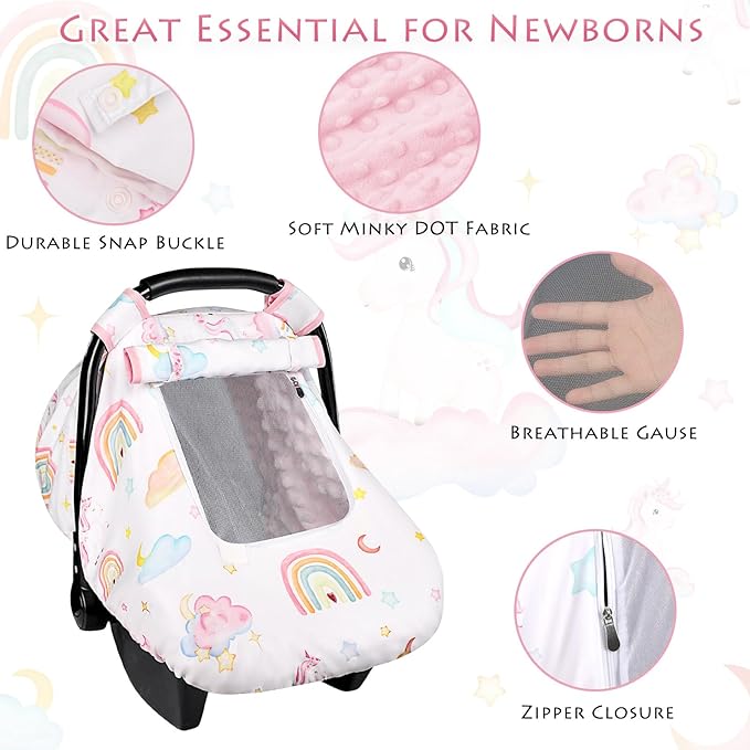 Baby Carseat Cover Girls, Pea Pod Unicorn Infant Car Seat Covers Canopy for Newborn with 2 Layers Windows of Breathable Mesh/Fabric, Lightweight Polyester/Minky Dot Backing, Snug Fit-BubblyBeeBaby