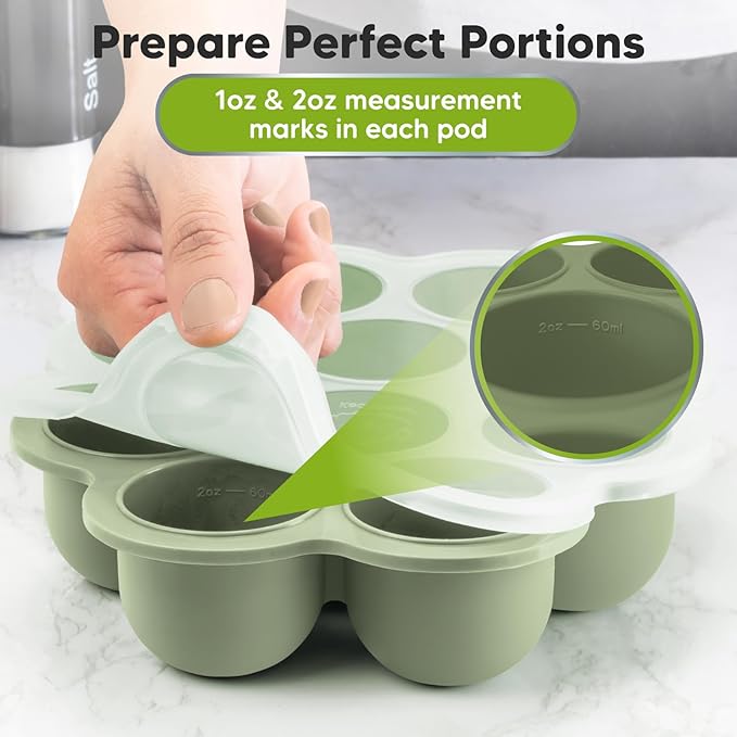 KeaBabies Silicone Food Freezer Trays with Lid, 2oz x 10 Pods Baby Food Storage Containers, Easy Puree Meal Prep, Breast Milk Silicone Freezer Molds, Dishwasher, Microwave Safe, BPA-Free (Sage)-BubblyBeeBaby
