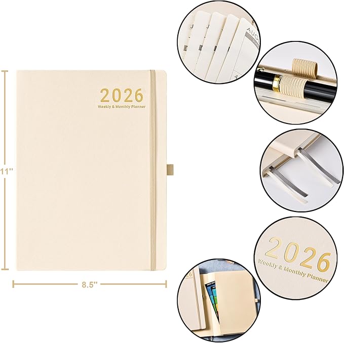 2026 Planner - JAN 2026 - DEC 2026, Planner 2026, Weekly and Monthly Planners, Leather Cover Planners with Thick Paper, Back Pocket with Notes Pages, Seashell Gold (8.5" x 11")-BubblyBeeBaby