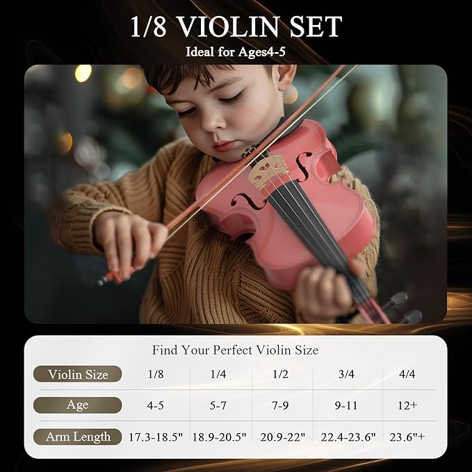 1/8 Violin Kit, Beginner Violin for Kids, Students, Complete Kids Violins Set with Case, Bow, Rosin, Ideal for Kids Violins Beginner Ages 4-5, Pink-BubblyBeeBaby