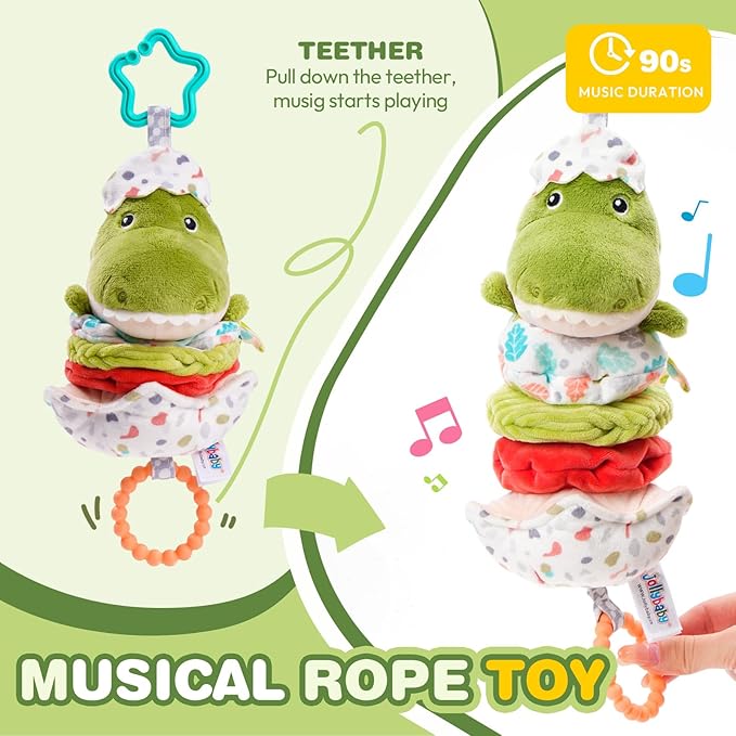 Jollybaby Baby Musical Pull String Hanging Toy for Stroller Car Seat Crib Play Gym, Plush Stuffed Dinasour Toy for Carseat with Music Teether Crinkle Paper, Sensory Toy for 0-6-12-18 Months Baby Gift-BubblyBeeBaby