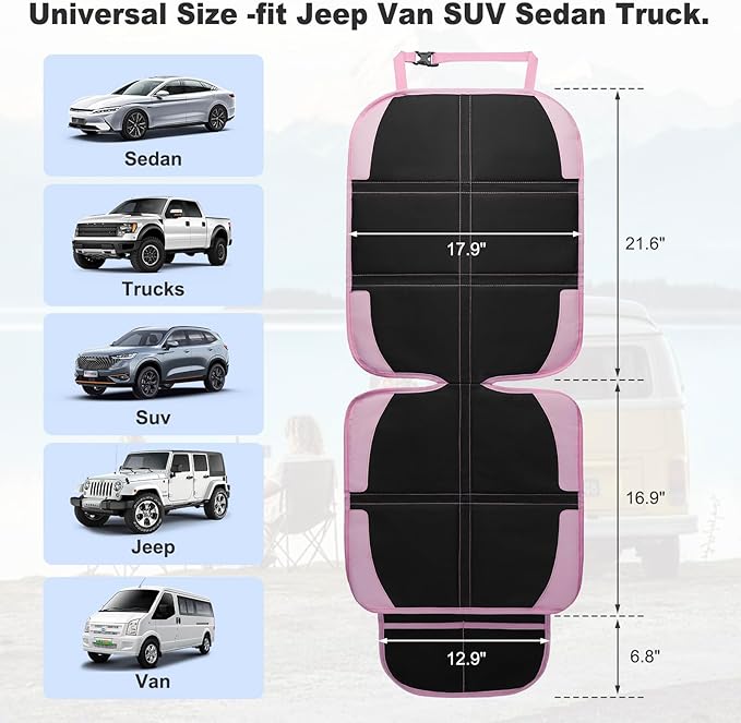 Child Car Seat Protector, 2 Pack with Mesh Pockets & Non-Slip Backing, 600D Durable (Pink, Standard)-BubblyBeeBaby