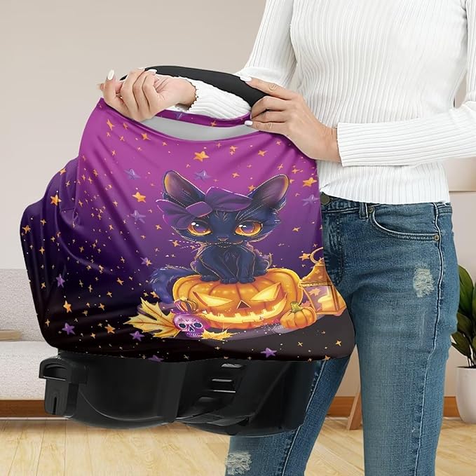 Binienty Black Cat Car Seat Covers for Babies Galaxy Pumpkin Cats Moon Nursing Covers Stretchy Breastfeeding Scarf Multi Use Carseat Covers for Stroller-BubblyBeeBaby
