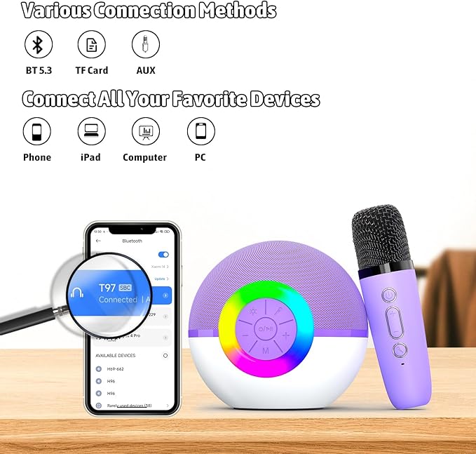 Karaoke Microphone Machine Toys for Kids Adults, Mini Portable Bluetooth Speaker with 2 Wireless Mics, Christmas Birthday Gifts for Boys Girls Ages 3 4 5 6 7 8 9 10 11 12+ Year (Purple)-BubblyBeeBaby