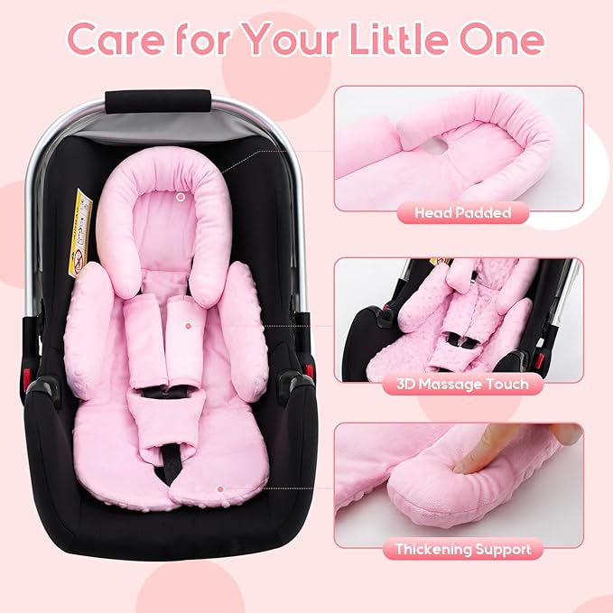 Infant Car Seat Insert with 3 Shoulder & Crocth Covers, Thickened Carseat Head and Body Support for Infant, Reversible Baby Car Seat Cushion for Boys Girls, Soft Mink Dot Newborn Insert for Preemie-BubblyBeeBaby