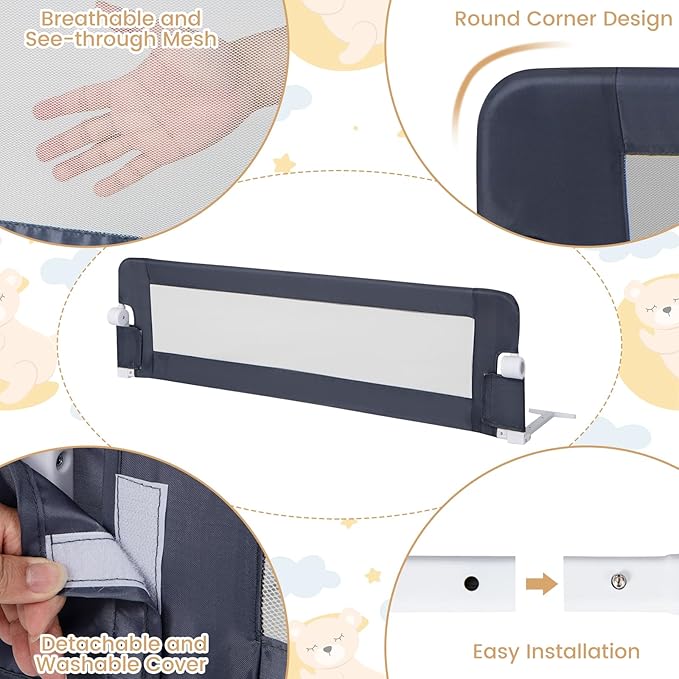 HONEY JOY 2 Pack Bed Rails for Toddlers, 60-Inch Extra Long, Foldable Portable Swing Down Safety Bed Guard Rail, Toddler Bed Rails for Crib, King Queen Full Twin Size Bed Mattress (Gray)-BubblyBeeBaby