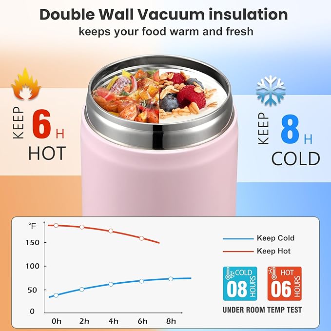 17oz Soup Thermo for Hot Food Kids,Insulated Food Jar with Spoon,Thermo Hot Food Lunch Container,Wide Mouth Leakproof Stainless Steel Lunch Box for School-Pink-BubblyBeeBaby