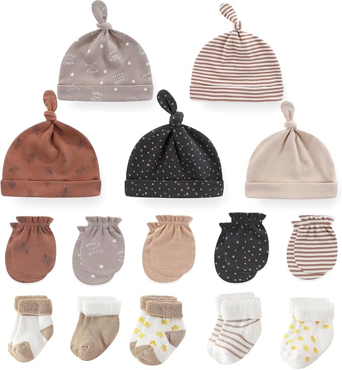 Newborn Baby Boy Girl Caps Mittens Socks Set Cotton Baby Essentials Accessories (Hats+Gloves+Socks)-BubblyBeeBaby