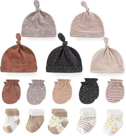 Newborn Baby Boy Girl Caps Mittens Socks Set Cotton Baby Essentials Accessories (Hats+Gloves+Socks)-BubblyBeeBaby