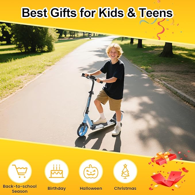 Kick Scooter for Kids Teens & Adults, 4 Adjustable Heights, 8IN All Terrain Big Wheels, Dual Brakes & Dual Suspension, Foldable and Lightweight, Gifts for Girls Boys-BubblyBeeBaby