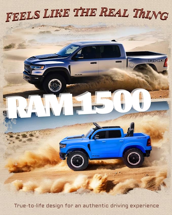 12V Kids Electric Vehicles, Licensed Ram 1500 RHO Kids Ride on Truck with Remote Control, Ride on Car for Children with Smooth Start, Truck Bed Storage, Bluetooth, Aux Port (Blue)-BubblyBeeBaby