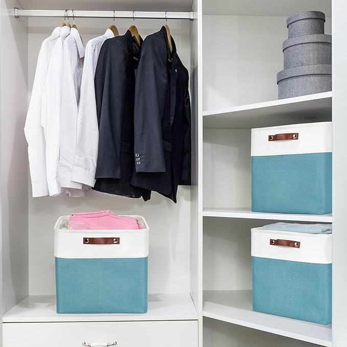 13x13 Cube Storage Bins, Collapsible Fabric Storage Box, 4 Pack Closet Baskets with Handles for Organizing, Shelf, Toys, Clothes, Home, Office, Nursery (Teal&White)-BubblyBeeBaby