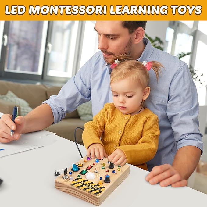 Joyreal Montessori Toddler Busy Board, 19 Led Wooden Sensory Board Educational Toy, Montessori Toys for 1-6 Year Old, Travel Toys Gifts for Toddlers Boys and Girls-BubblyBeeBaby