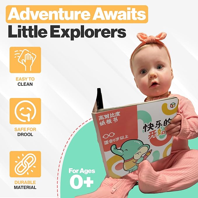 Happy Start Award-Winning High Contrast Board Book - Newborn Black & White Baby Cards, Easy to Clean, Hospital Approved, Stands on Its Own, Tummy Time Toy, Ages 0+ (Chinese)-BubblyBeeBaby