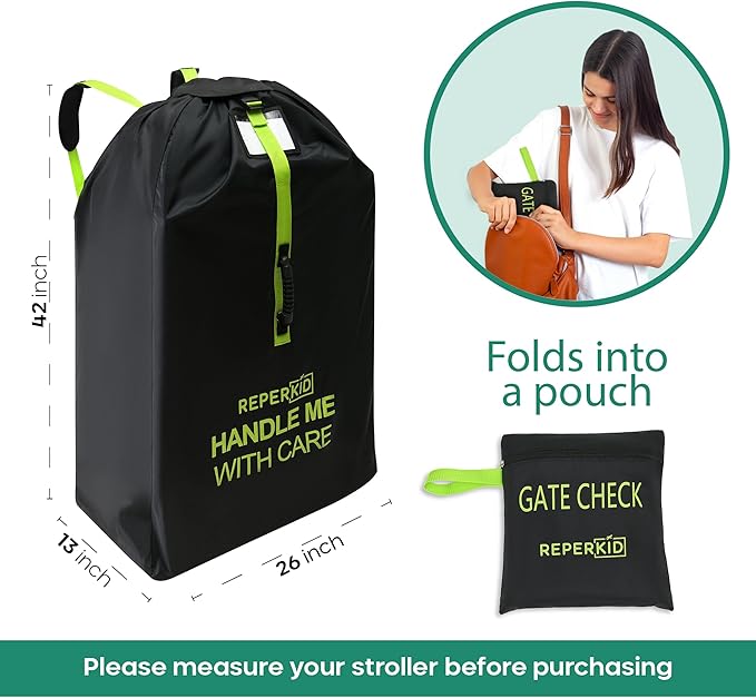 reperkid Medium Stroller Bag for Airplane Travel, Black & Green, 42" H x26 W x13 D, Fits Most Single Strollers Incl. Jogging & Standard Models – Premium Waterproof Cover, Adjustable Shoulder Straps-BubblyBeeBaby