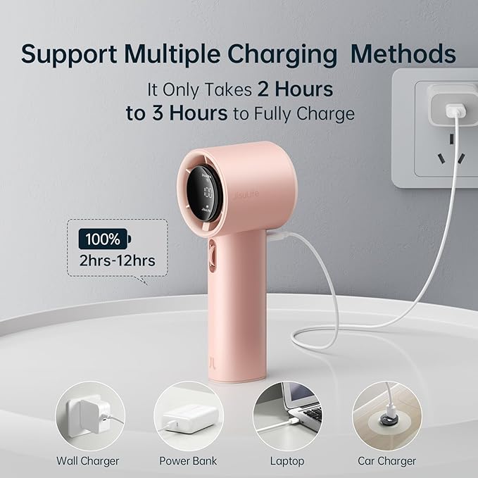 JISULIFE Portable Handheld Fan, Speed(1-100) Adjustable Turbo Mini and 3600mAh Battery Rechargeable Personal Fan, Digital Display, Gifts for Women Men Travel/Camping/Outdoor-Pink-BubblyBeeBaby