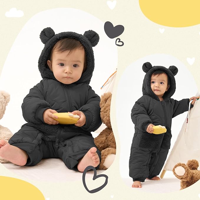 JiAmy Baby Snowsuit Newborn Winter Clothes Coat Romper Windproof Fleece Hat Zipper Baby Bear Outfit-BubblyBeeBaby