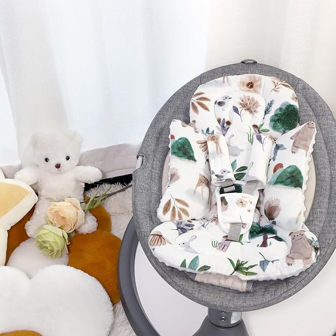 Infant Car Seat Insert and Strap Covers, Very Soft Car Seat Head Support Baby Girl Boy, Reversible Newborn Carseat Insert Cushion Fits for Stroller, Baby Swing, Bouncer (White Animals)-BubblyBeeBaby