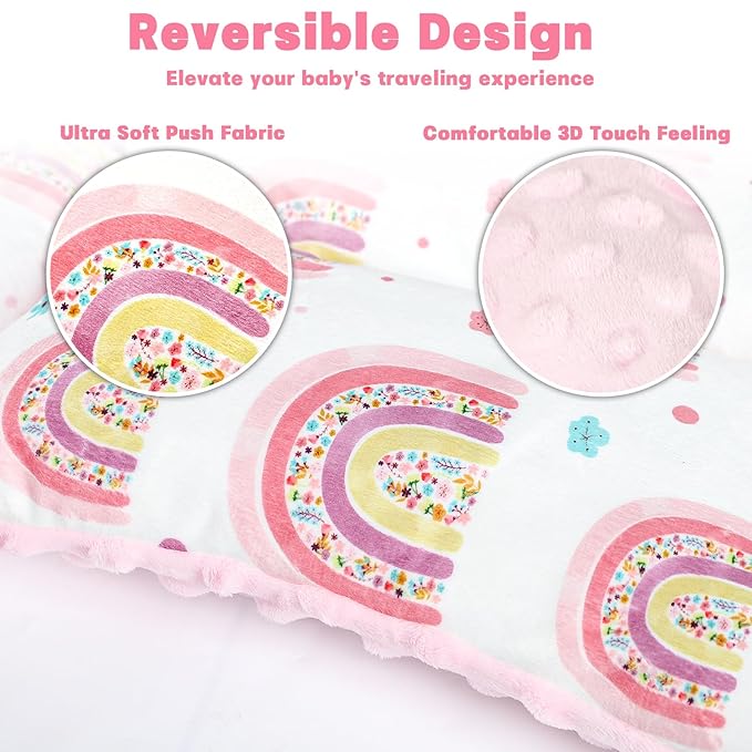 Infant Car Seat Insert with 3 Strap Covers, 3 in 1 Reversible Rainbow Baby Car Seat Head Support for Newborn, Baby Girl Newborn Essentials for Preemie to Infant, Stroller, Swing, Bouncer (Pink)-BubblyBeeBaby