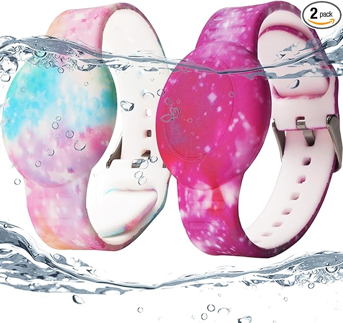 2 Pack Waterproof AirTag Bracelet for Kids, Hidden Printed Wristband for Apple Air Tag, Silicone AirTag Holder GPS Tracker Case for Band for Child Toddler, Secure Anti-Lost Protection(Pink,Purple)-BubblyBeeBaby