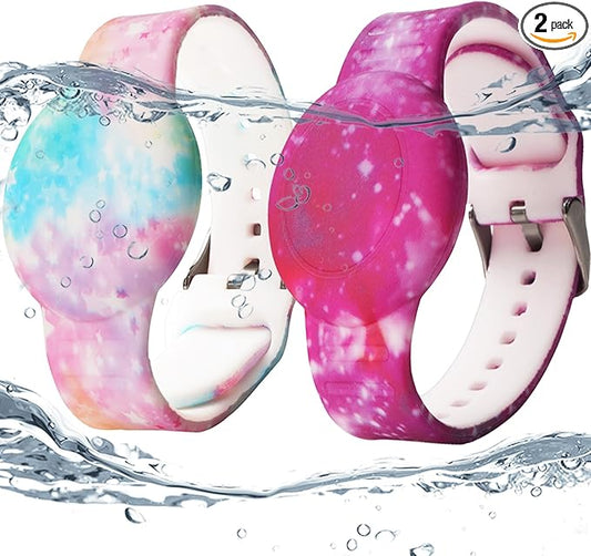 2 Pack Waterproof AirTag Bracelet for Kids, Hidden Printed Wristband for Apple Air Tag, Silicone AirTag Holder GPS Tracker Case for Band for Child Toddler, Secure Anti-Lost Protection(Pink,Purple)-BubblyBeeBaby