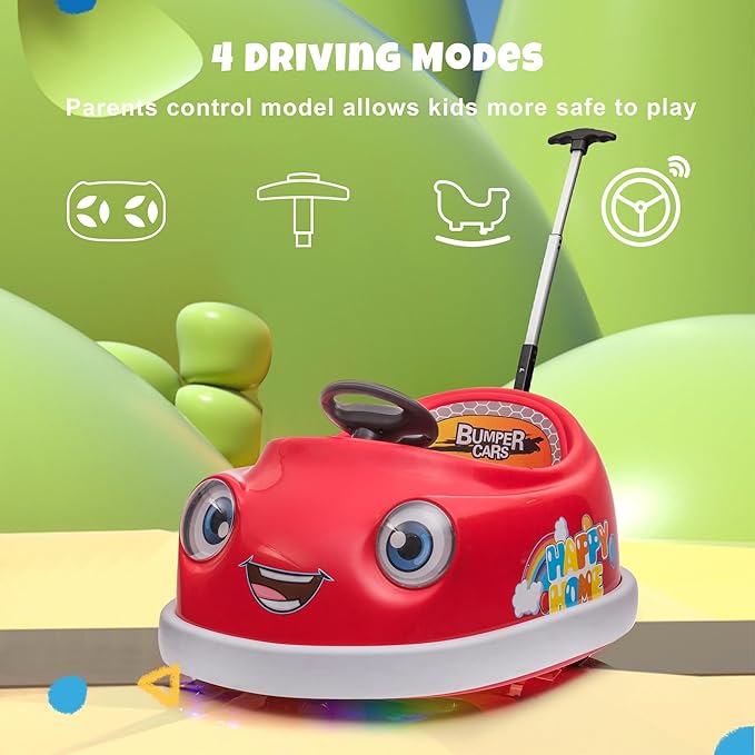 12V Dual Battery Electric Ride on Kids Bumper Car w/Remote Control,360 Degree Spin,Push Rod Rocker Horse Function,3-Speeds Babies & Toddlers Bumping Car Ride on Toy Gift for 1-4 Years Children (Red)-BubblyBeeBaby