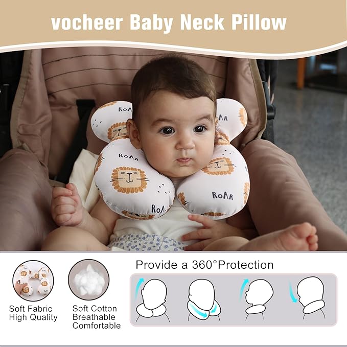 vocheer Baby Travel Pillow(Upgraded), Head and Neck Support Pillow for Pushchair, Car Seat,Stroller, Bouncer, Cotton, Lion-BubblyBeeBaby