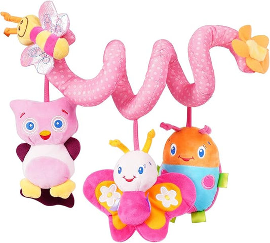 Jollybaby Baby Car Seat Stroller Toys, Plush Activity Hanging Spiral Activity Pram Crib with Music Box, Rattles, Squeaker for Babies Infant Boys Girls(Pink)-BubblyBeeBaby