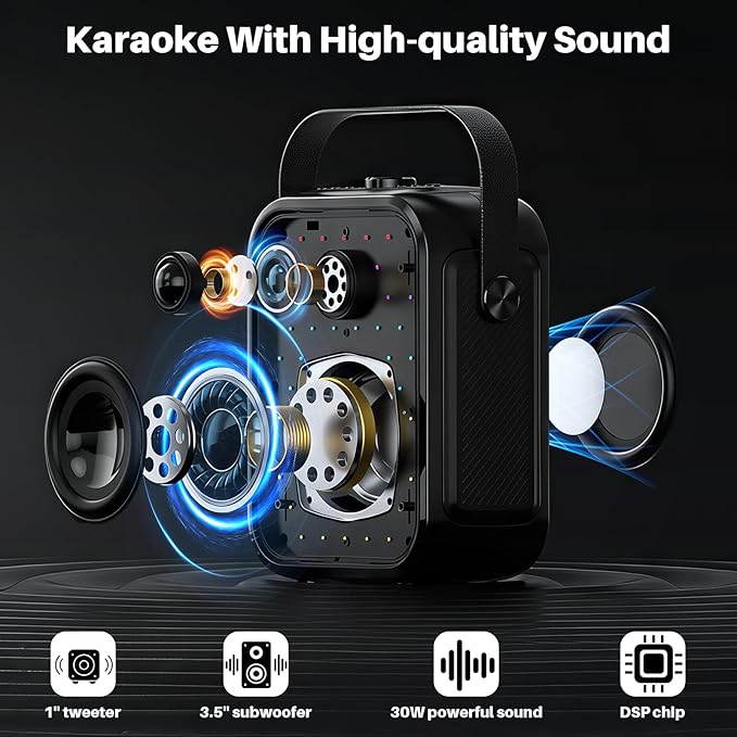 Karaoke Machine, Portable Bluetooth Speaker with 2 Wireless Karaoke Microphones, Karaoke Machine for Adults Kids with Subwoofer, LED Light Support TWS/FM/USB/AUX for Home Party Outdoor-BubblyBeeBaby