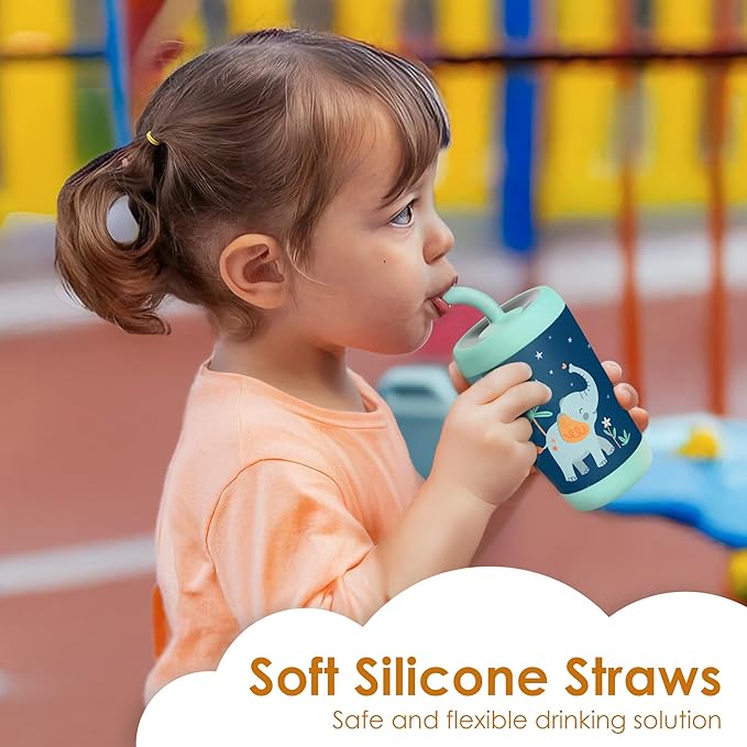 Kid Insulated Stainless Steel Tumbler with Silicone Straw, 12oz Sippy Cup for Kids (Dreamy Elephant)-BubblyBeeBaby