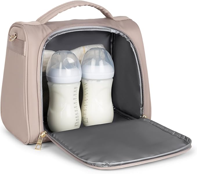 JuJuBe New Insulated Bottle Bag, Breastmilk Storage Bag for Baby Bottles, Insulated Waterproof Lunch Bag or Cooler Bag for Nursing, Milk, Food, Baby Formula, Snacks, Daycare, Taupe, Mother's Day Gift-BubblyBeeBaby