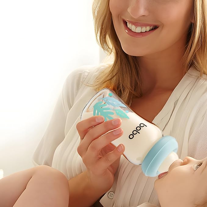 YOHKOH Natural Glass Baby Bottle with Natural Response Nipple, Newborn Anti-Colic Baby Bottles, Wide Neck Mushroom Cap Baby Bottle, Clear ((5.4oz (Pack of 4), Blue-A)-BubblyBeeBaby