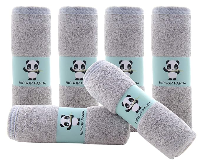 HIPHOP PANDA Baby Washcloths, Rayon Made from Bamboo - 2 Layer Ultra Soft Absorbent Newborn Bath Face Towel - Reusable Baby Wipes for Delicate Skin - Grey, 6 Pack-BubblyBeeBaby