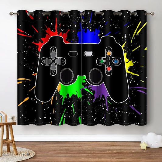 Jekeno Game Controller Blackout Curtains for Kids Boys Teens Bedroom Colorful Video Game Gamer Gaming Gamepad Decor for Home Living Room Grommet Window Drapes 2 Panel Set, 52"x84"-BubblyBeeBaby