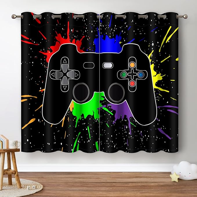 Jekeno Game Controller Blackout Curtains for Kids Boys Teens Bedroom Colorful Video Game Gamer Gaming Gamepad Decor for Home Living Room Grommet Window Drapes 2 Panel Set, 42"x84"-BubblyBeeBaby