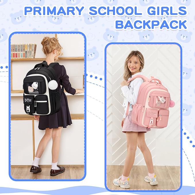 Kids Backpack for Girls - School Bags for Middle School Students - Book Bag for Elementary Primary - Kawaii Ita Backpack - Black and Beige-BubblyBeeBaby