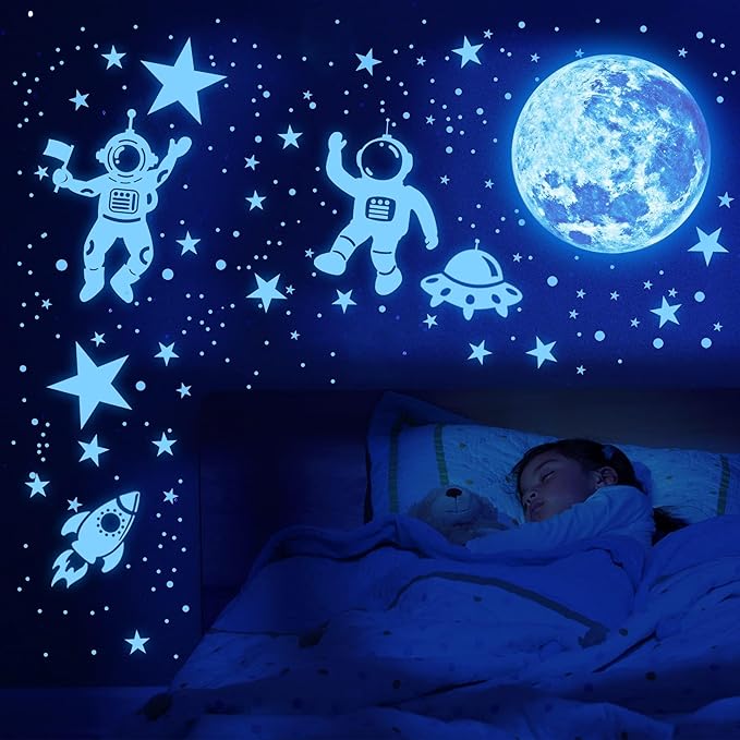 1017Pcs Glow in The Dark Stars for Ceiling Glow in The Dark Moon and Planet Wall Decal Luminous Astronaut Universe Galaxy Space Wall Stickers for Kids Boys Bedroom Blue-BubblyBeeBaby