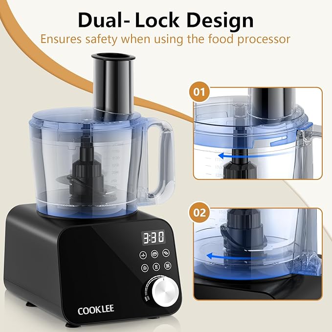 COOKLEE Food Processor, 600 Watts, 6 Functions Electric Food Chopper for Chopping, Mincing, Dicing, Shredding, Slicing, Purees & Dough with 12cup Processor Bowl, Food Chute & Pusher, Black-BubblyBeeBaby