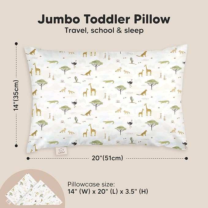 KeaBabies Toddler Pillow with Pillowcase, Jumbo 14X20 - Soft Organic Cotton Toddler Pillows for Sleeping - Machine Washable - Perfect for Travel, Toddler Bed Set (Grasslands)-BubblyBeeBaby