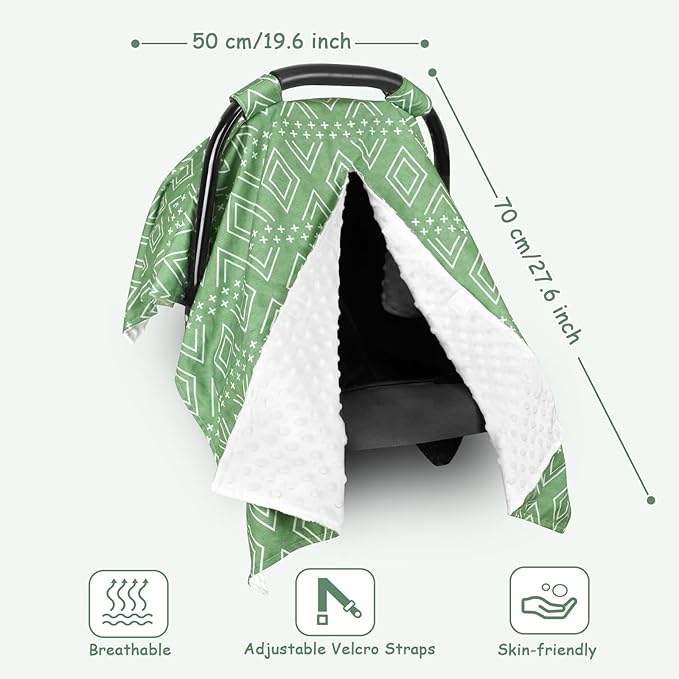 TANOFAR Baby Carseat Canopy, Peekaboo Opening Car Seat Canopy for Babies, Soft and Breathable Infant Carrier Canopy, Multi-use Baby Carrier, Stroller, Nursing Cover, Minky Blanket, Green-BubblyBeeBaby