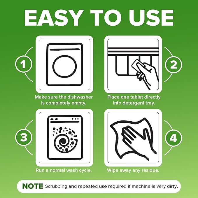 Heavy Duty Dishwasher Cleaner and Deodorizer Tablets, Descaler, Deep Cleaning, Natural Odor and Smell Remover, Calcium, Limescale, Hard Water Marks, Grease, Septic Safe Pods (12 Tabs - 1 Yr Supply)-BubblyBeeBaby