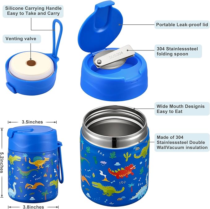 17oz Soup Thermo for Hot Food Kids,Insulated Food Jar with Spoon,Thermo Hot Food Lunch Container,Wide Mouth Leakproof Stainless Steel Lunch Box for School-Dinosaur-BubblyBeeBaby