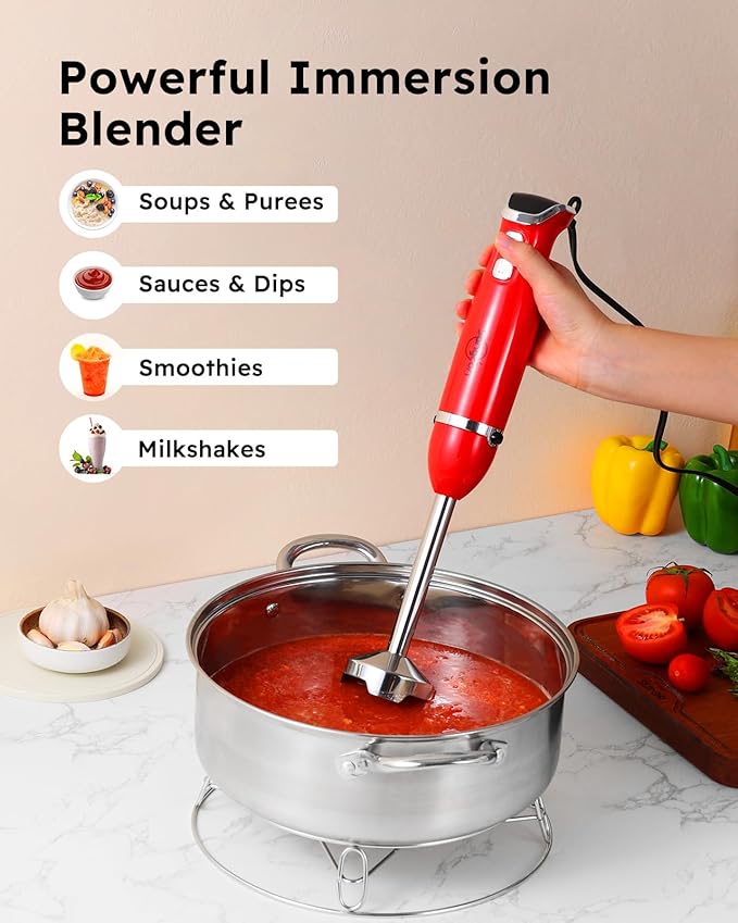 Sangcon Immersion Blender Handheld, 3-in-1 Hand Blender Electric, 400W Handheld Blender, Stainless Steel Blade Stick Blender with Whisk, Milk Frother Attachments - Red-BubblyBeeBaby