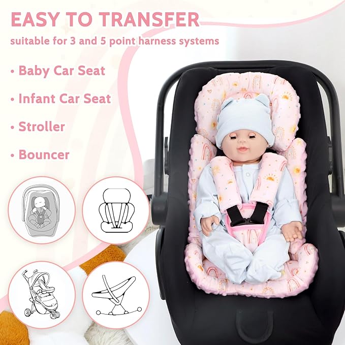Infant Car Seat Insert and Strap Covers, Very Soft Car Seat Head Support Baby Girl Boy, Reversible Newborn Carseat Insert Cushion Fits for Stroller, Baby Swing, Bouncer (Pink Rainbow)-BubblyBeeBaby