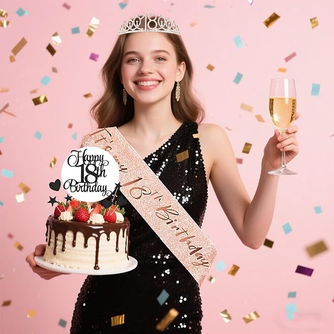 18th Birthday Decorations for Girls Women - 56pcs Rose Gold Happy 18th Banner, 18th Birthday Crown Sash, Cake Topper, Number 40 balloons, 3D Butterflies, 4 Balloon Stands kits-BubblyBeeBaby