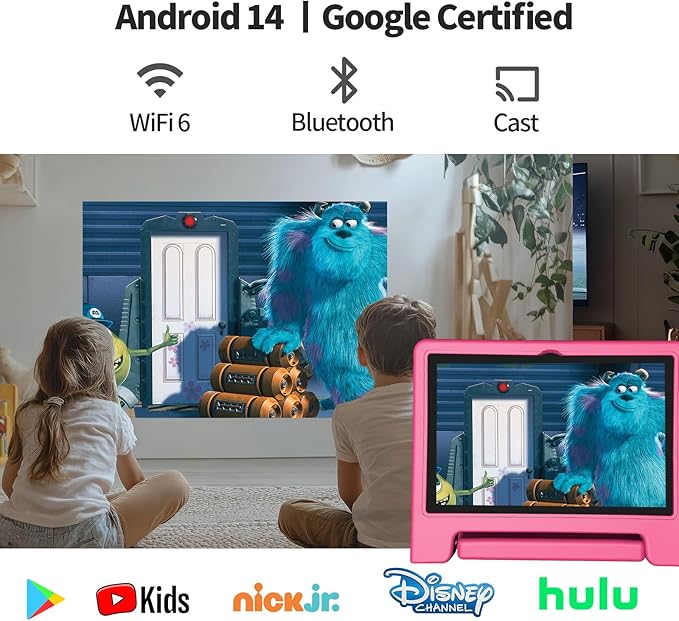 JREN Tablet for Kids｜10.1 Inch Kids Tablet Android 14｜Octa-core｜64GB｜WiFi ｜Bluetooth｜Parental Control｜Children Content｜Children Toddler Pink Girls Gift-BubblyBeeBaby