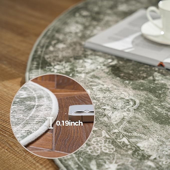 jinchan Round Rug 8ft Area Rug - Green Vintage Floor Mat Kitchen Indoor - Washable Circle 8' Thin Floral Print Carpet Retro Farmhouse Non Slip Dining Room Living Room Bedroom Office-BubblyBeeBaby